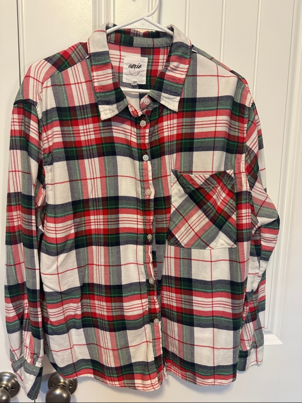 aerie Red Green and White Plaid Button-Front Shirt